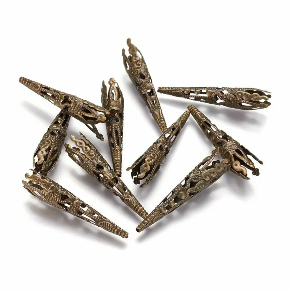 Lacy Filigree Antiqued Brass Bronze Long Tapered Gothic Victorian Bead Caps 10 p